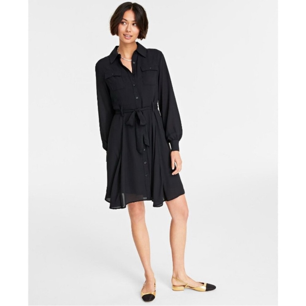 ON 34th Black Long Sleeve Belted Shirt Dress